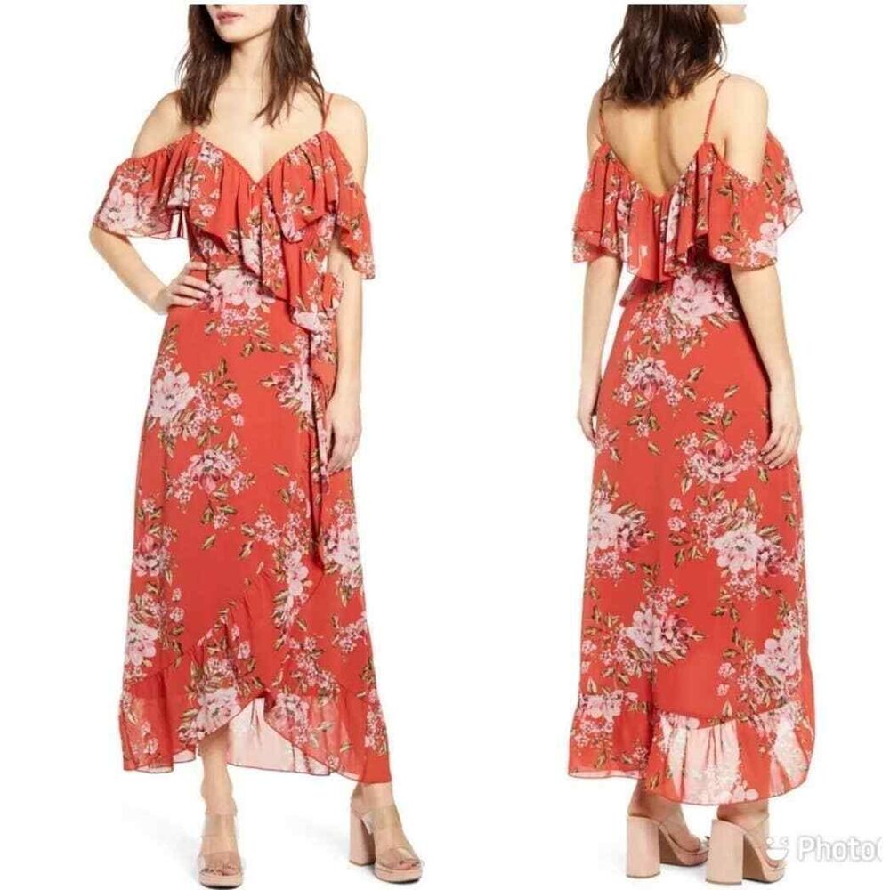 WAYF Nanette Floral Ruffle Wrap Off Shoulder Dress